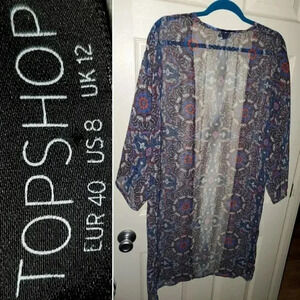 TOPSHOP Red & Blue Print Kimono Swim Beach Dress Tank Cover-up Top 8 or M L